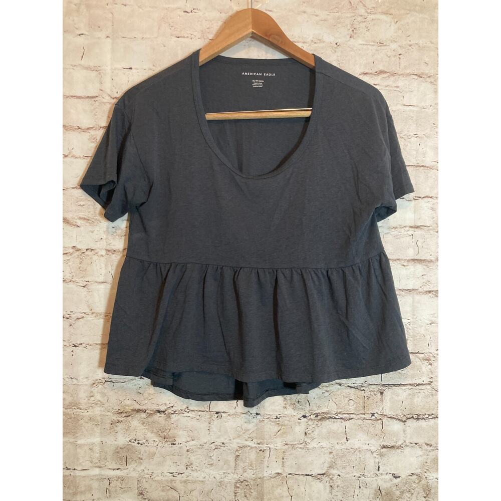 American Eagle Babydoll Top Womens XS Charocoal Grey Short Sleeve Flowy‎ Boho